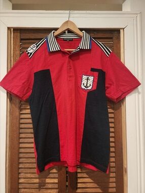 Vintage Castelbajac  Striped-Collar Red & Navy Nautical Polo Shirt Size M/L 50